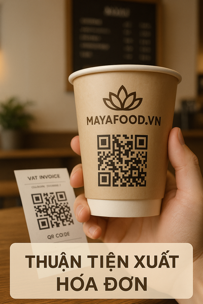 Mã QR VAT in trên ly giúp thuận tiện khi xuất hóa đơn.
