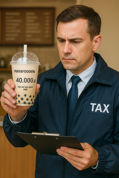 Nhân viên kiểm tra ly trà sữa có in VAT trong đợt thanh tra.