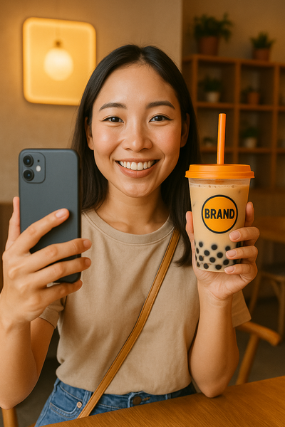 Khách hàng chụp ảnh check-in cùng ly trà sữa tại quán