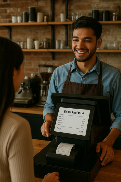 Quán cà phê nhỏ minh bạch tài chính với máy POS xuất hóa đơn điện tử chuyên nghiệp