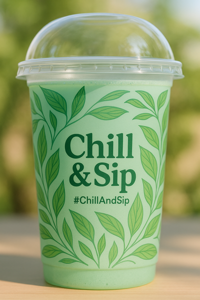 Mẫu ly Chill & Sip với họa tiết lá và hashtag chiến dịch marketing
