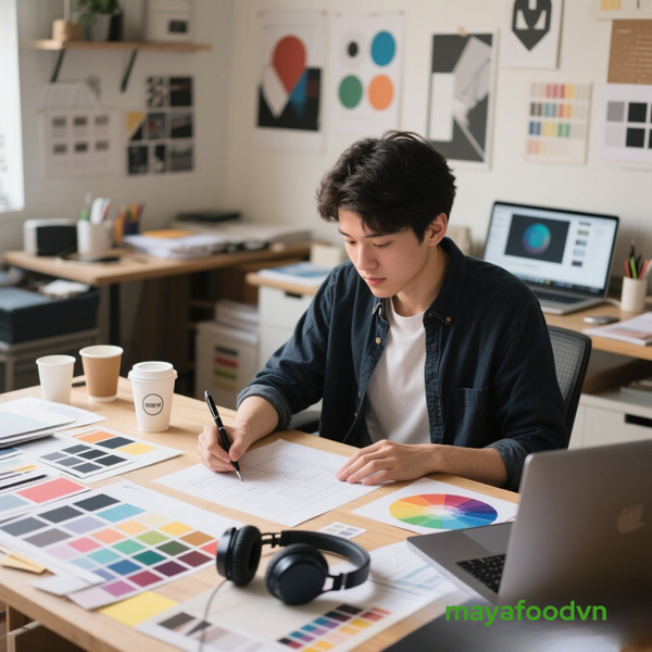 Nhà thiết kế đang làm việc trên mẫu ly giấy số lượng ít tại TP.HCM