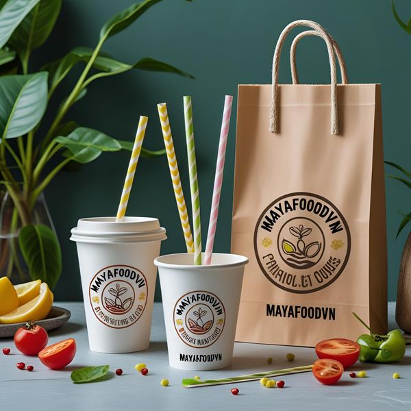 Bộ nhận diện thương hiệu đồng bộ với ống hút in logo và cốc giấy Mayafoodvn.