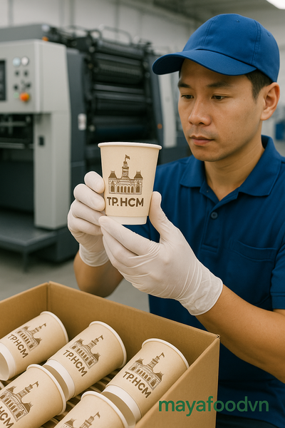 Nhân viên kiểm tra ly giấy TP.HCM in số lượng lớn để đảm bảo đồng nhất chất lượng