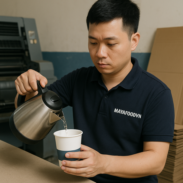 MAYAFOODVN kiểm tra mẫu cốc giấy đựng nước nóng để đảm bảo không tróc mực