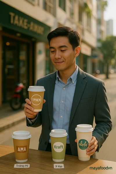 Khách hàng cầm ly giấy TP.HCM in logo thương hiệu trên đường phố Sài Gòn buổi sáng