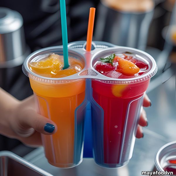 Cốc nhựa chia ngăn hai loại nước thu hút khách hàng trẻ check-in tại quán.