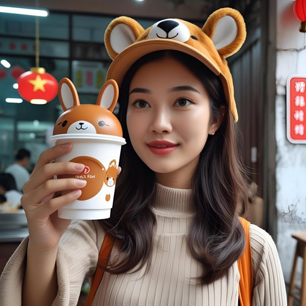 Khách hàng check in với cốc giấy Hà Nội in logo quán cà phê