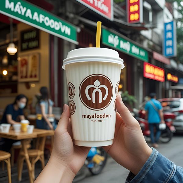 Khách hàng chụp ảnh cốc giấy thân thiện môi trường tại quán cà phê Hà Nội