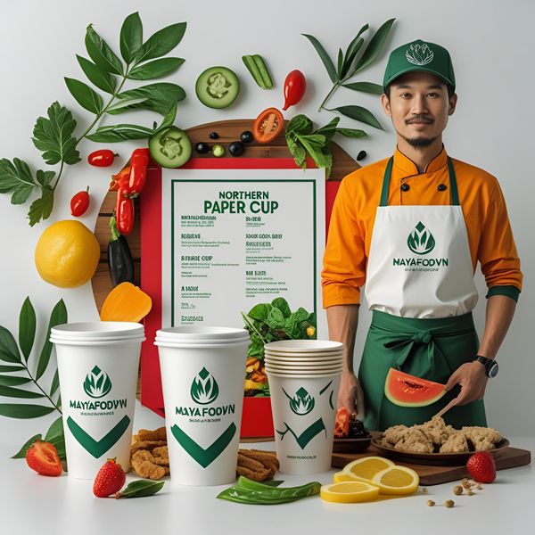 cốc giấy miền Bắc đồng bộ nhận diện thương hiệu với menu và đồng phục