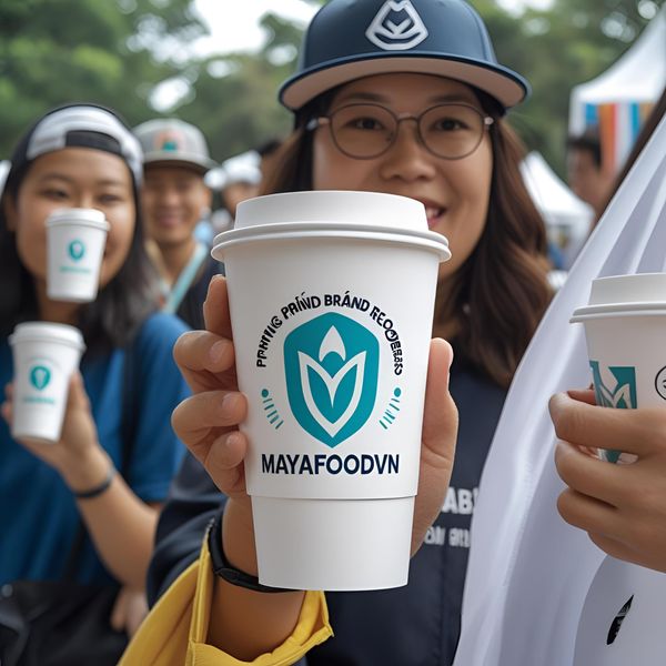 mayafoodvn duyệt mẫu in cốc giấy với khách hàng tại Hà Nội