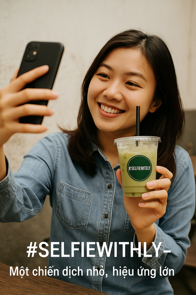 Khách chụp hình cùng ly nhựa in logo thương hiệu