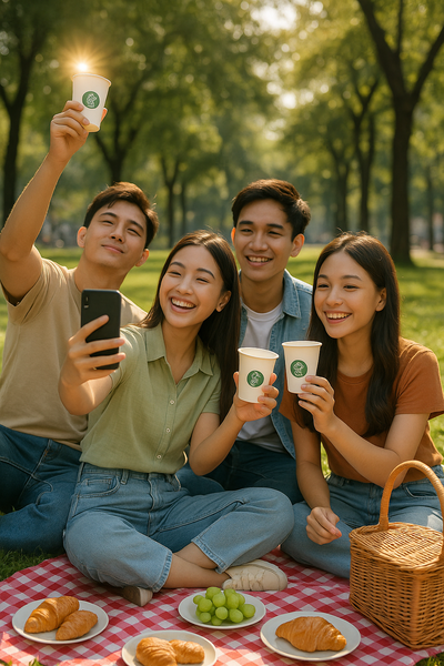 Khách hàng trẻ trải nghiệm đồ uống lạnh với ly giấy TP.HCM ngoài trời.