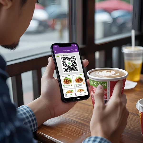 khách hàng quét mã QR trên cốc giấy để xem menu và nhận ưu đãi
