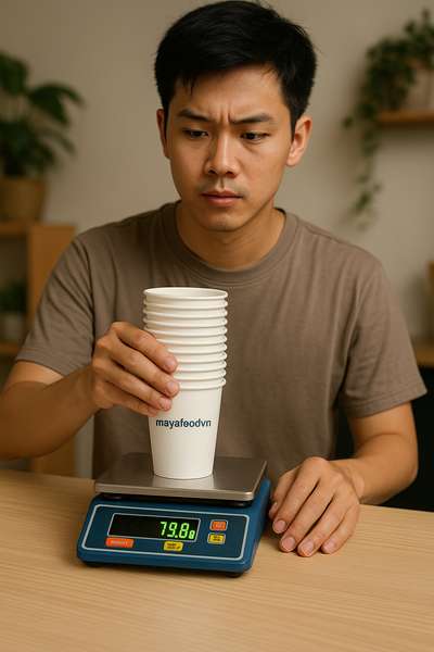 Cân kiểm tra số lượng khi nhận in cốc giấy Hà Nội bằng cân điện tử
