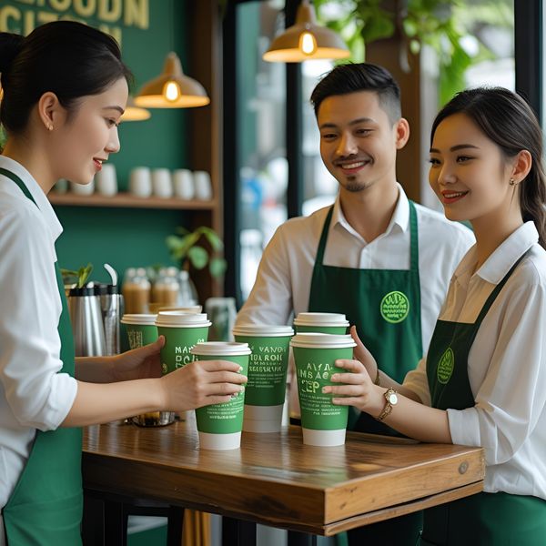 Quán cà phê sử dụng cốc giấy Mayafoodvn trong chiến dịch Green Style tại Hà Nội.