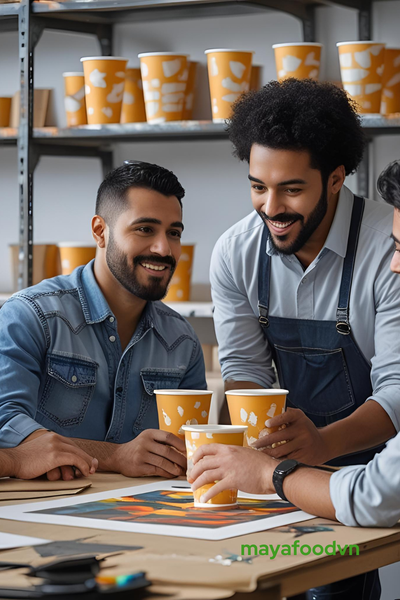 Nhân viên tư vấn bao bì cho khách hàng tại showroom mẫu ly F&B.