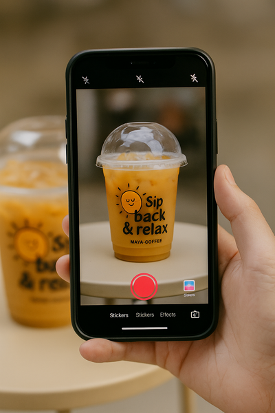 Quay video TikTok với ly nhựa in logo thương hiệu nổi bật trước ống kính.