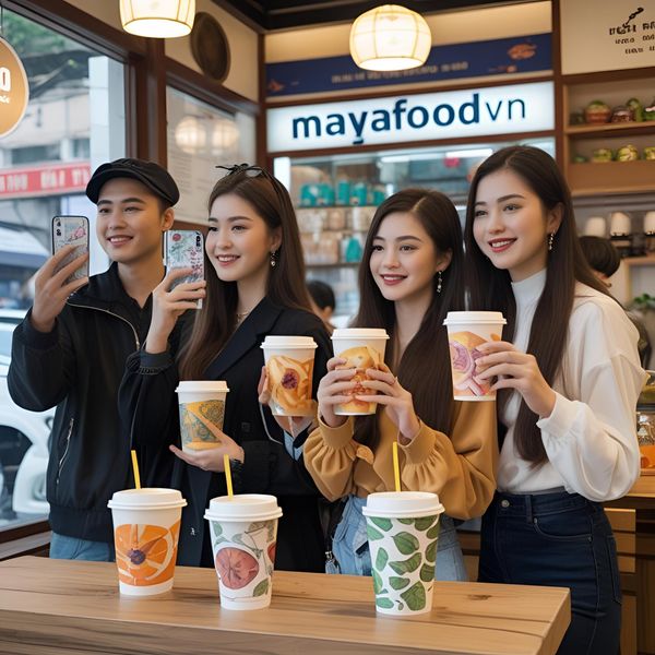 Khách hàng trẻ check-in cốc giấy in hoa văn độc lạ tại quán cà phê Hà Nội.