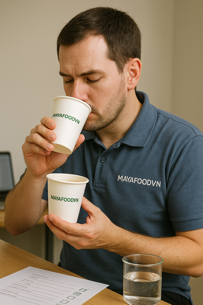 Kiểm tra mùi cốc giấy trước khi giao tại MAYAFOODVN
