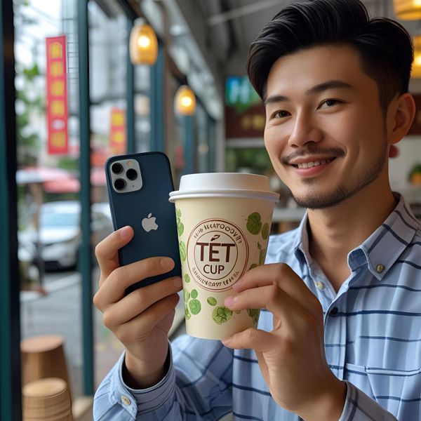 khách chụp ảnh với cốc giấy miền Bắc tại góc quán đẹp