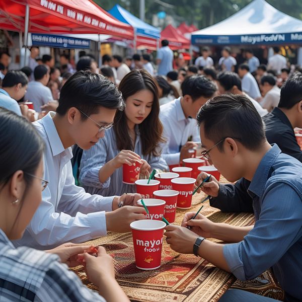 Check in với cốc giấy Hà Nội in logo thương hiệu trong festival