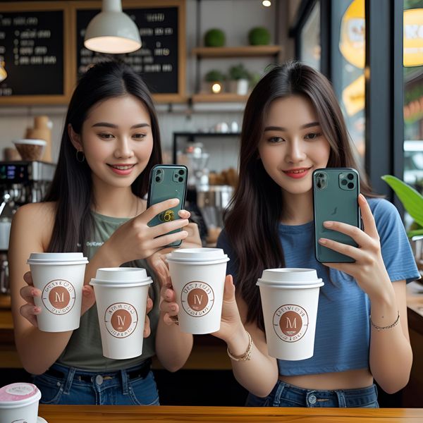 Khách hàng check-in đồ uống đẹp với cốc giấy in logo quán tại Hà Nội.