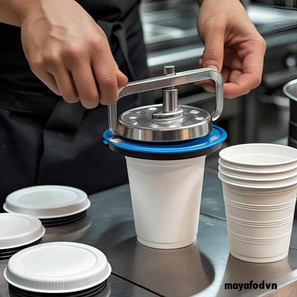 Sử dụng dụng cụ đóng nắp giúp xử lý cốc nhựa khó đóng nắp tại quán F&B.