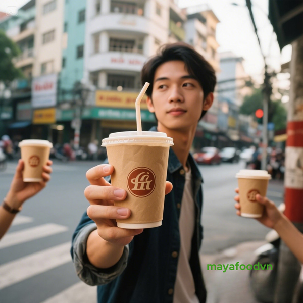 Khách hàng cầm ly giấy in thương hiệu trên phố TP.HCM