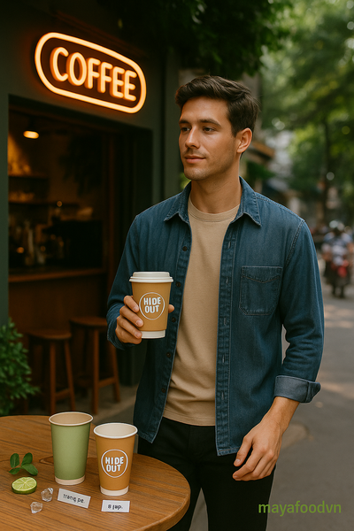 Khách hàng mang theo ly giấy in logo từ quán cà phê hẻm ở TP.HCM