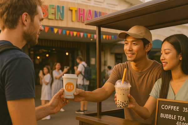 Người bán đồ uống tại chợ Bến Thành TP.HCM sử dụng ly giấy và ly nhựa cho khách hàng khác nhau