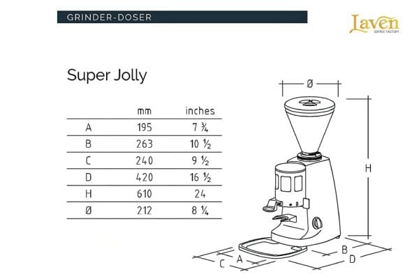 Kích thước máy máy xay cà phê Mazzer Super Jolly