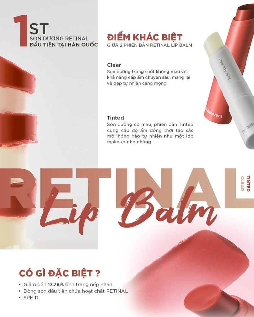 Son dưỡng Dr Different Reinal Lip Balm với Retinal là giải pháp chăm sóc môi toàn diện, chống nắng, cải thiện nếp nhăn, mang lại đôi môi căng mọng, trẻ trung. 