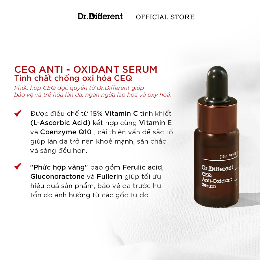 Dr.Different CEQ Anti-Oxidant Serum hỗ trợ ngăn ngừa lão hóa, cải thiện sắc tố, đồng thời giúp da trở nên săn chắc, khỏe mạnh và sáng đều màu hơn. 