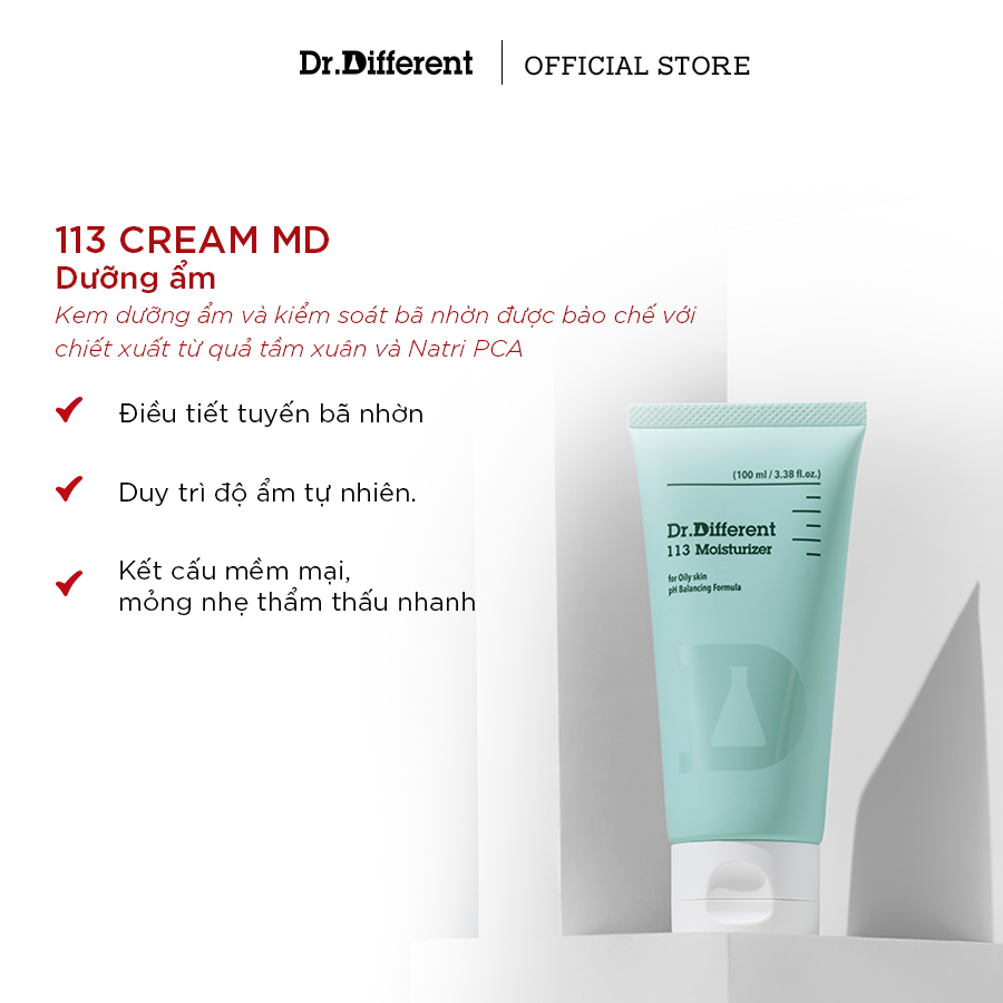 Kem dưỡng Dr Different giúp giảm lượng dầu thừa trên da mà vẫn duy trì độ ẩm tự nhiên. Kết cấu mỏng nhẹ, thẩm thấu nhanh, không gây bít tắc lỗ chân lông.