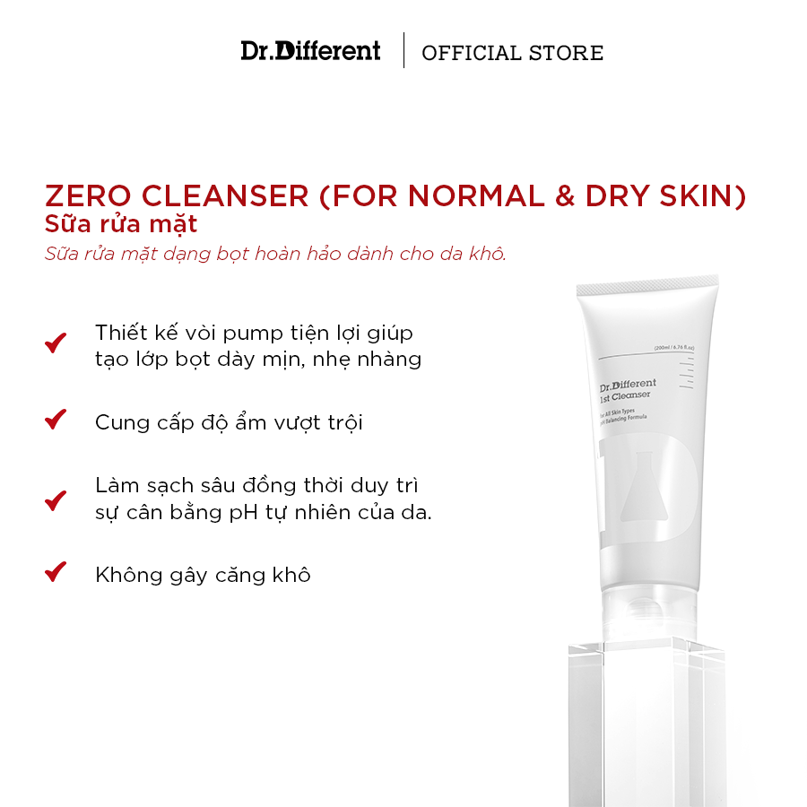 Gel rửa mặt Dr Different là bước làm sạch đầu tiên trong chu trình chăm sóc da, giúp loại bỏ bụi bẩn và lớp trang điểm một cách nhẹ nhàng mà vẫn giữ nguyên độ pH tự nhiên của làn da.