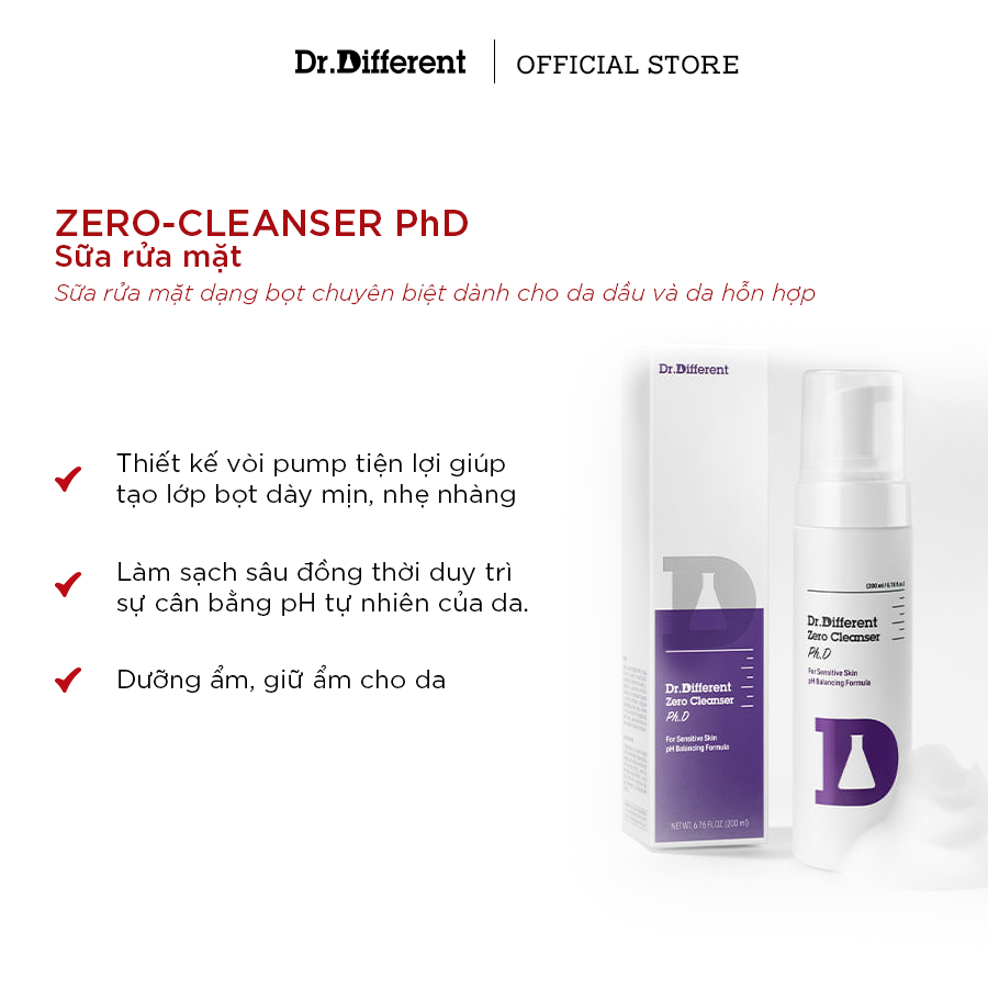 Sữa rửa mặt Dr Different - Zero Cleanser Ph.D phù hợp với mọi làn da đặc biệt là da nhạy cảm. Sản phẩm duy trì độ ẩm, mang lại cảm giác mềm mại và không khô căng sau khi rửa.