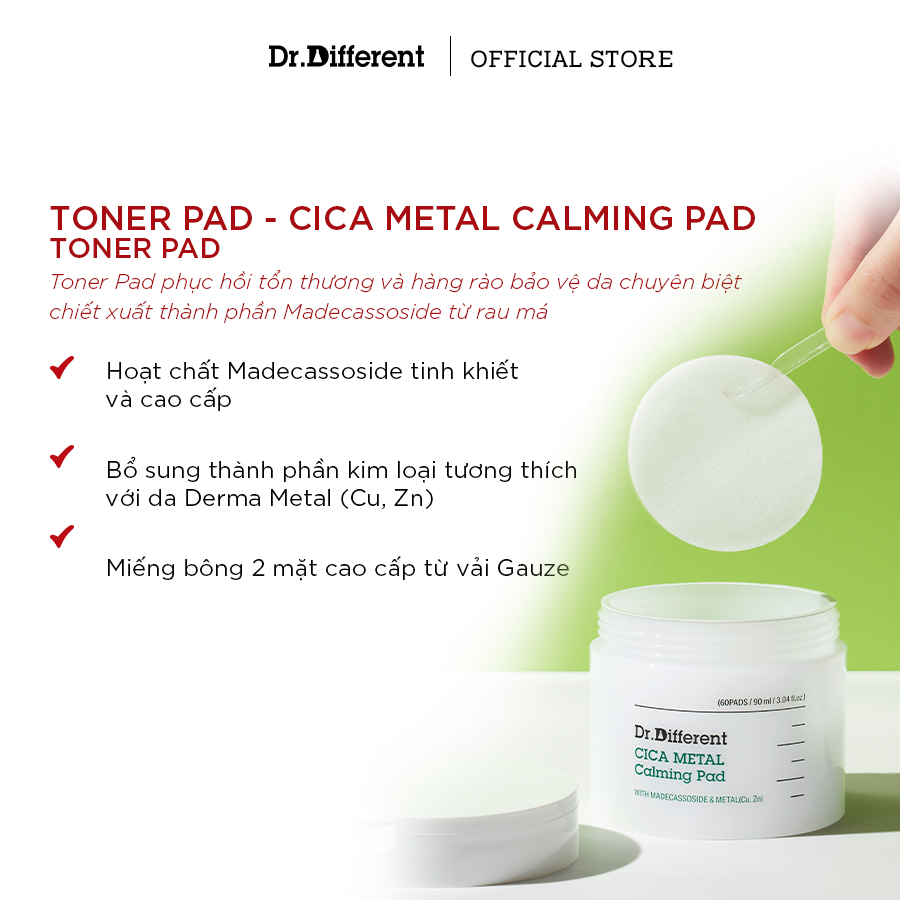 Toner Pad Dr Different giúp chăm sóc làn da nhạy cảm bị kích ứng từ cả yếu tố bên trong lẫn bên ngoài, hỗ trợ làm dịu và củng cố sức mạnh tự nhiên của làn da.