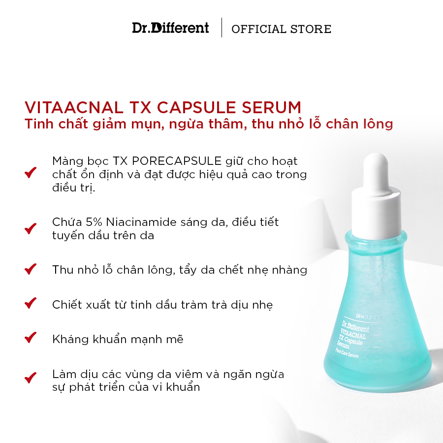 Serum Dr Different - Vitaacnal Tx Capsule Serum 30ml chứa Acid Linoleic, Niacinamide và Vitamin E, mang đến giải pháp chăm sóc chuyên biệt cho làn da dầu, mụn.