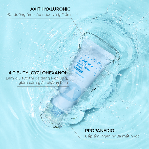 Kem dưỡng Dr Different giúp làm dịu, mang lại cảm giác mát lạnh (giảm tức thì 4.6 độ cho da nhạy cảm, kích ứng) và ẩm mịn cho da ngay khi thoa.