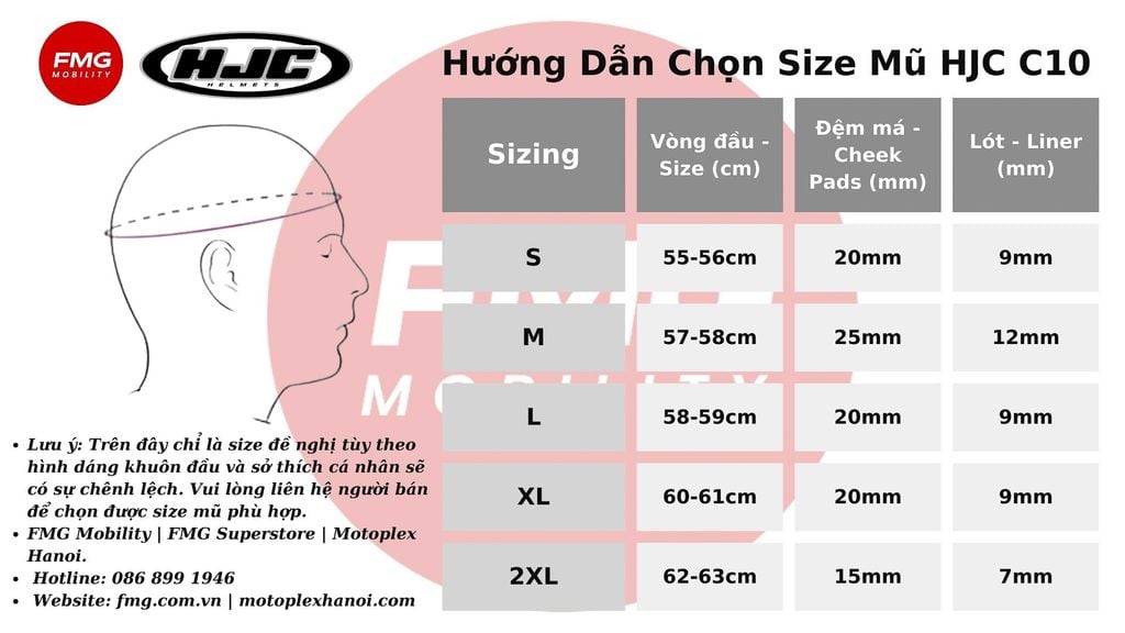 Bảng size Mũ Bảo Hiểm Fullface HJC C10 Solid
