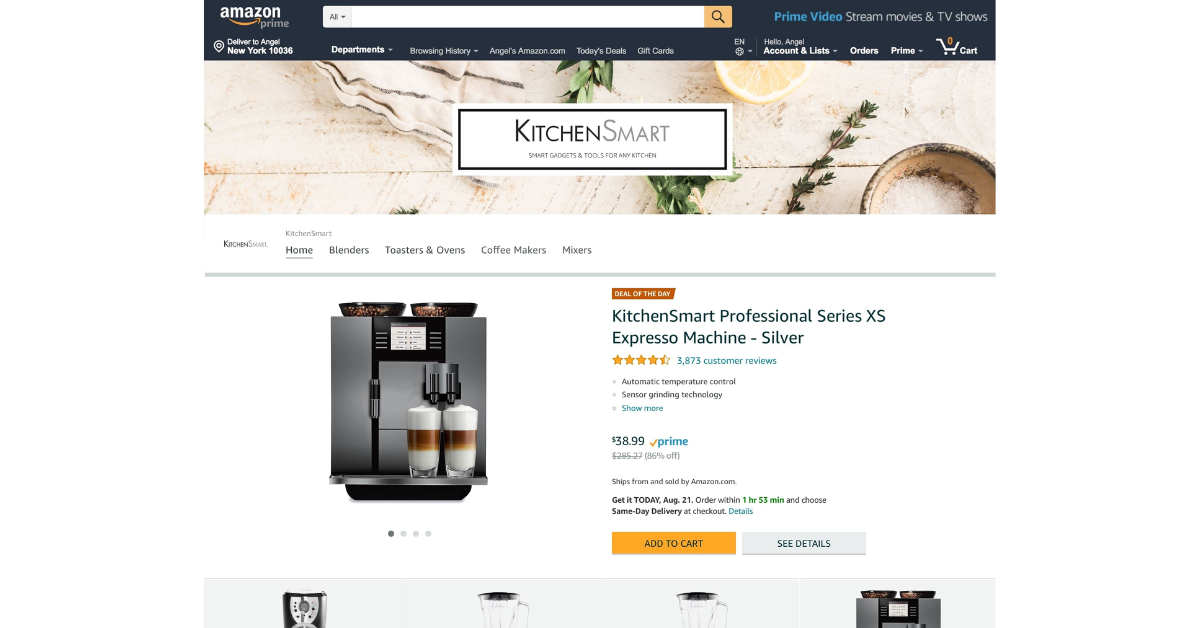 Ví dụ về một sản phẩm có tag Prime trên Amazon