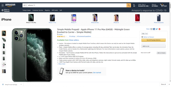 Thông tin sản phẩm trên Amazon