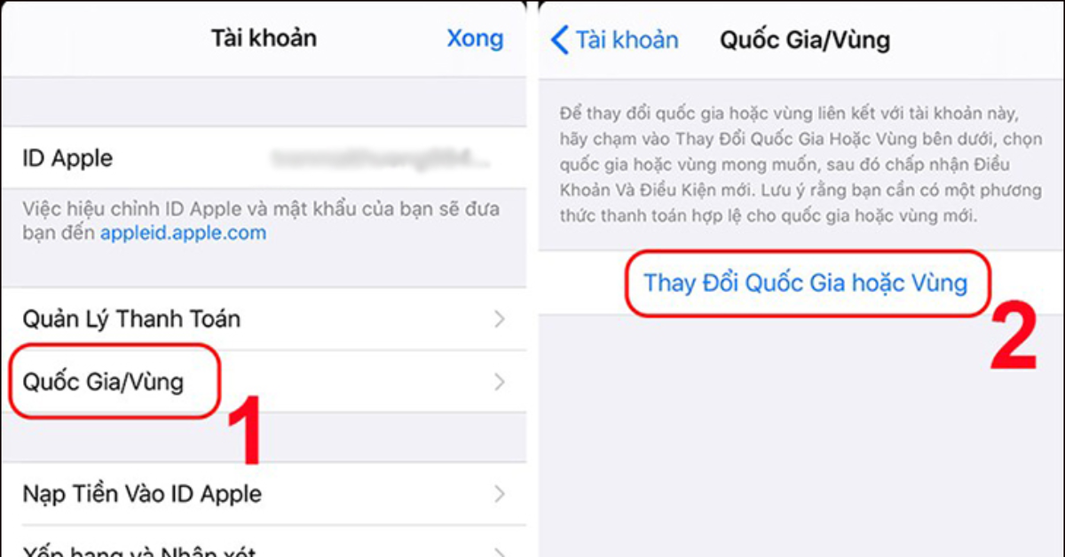 Bước 3: Tại giao diện tài khoản, chọn Quốc Gia/ Vùng > Chọn Thay Đổi Quốc Gia hoặc Vùng