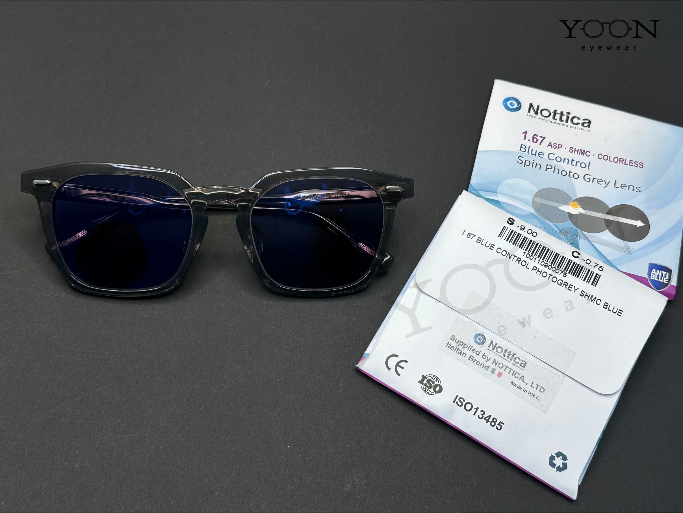 Tròng Đổi Màu NOTTICA N5 BLUE CONTROL SPIN PHOTO 1.67 Grey