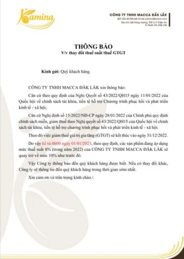 THÔNG BÁO VỀ VIỆC ĐIỀU CHỈNH THUẾ GIÁ TRỊ GIA TĂNG