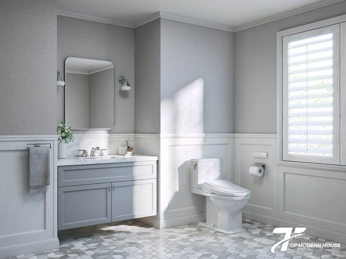 Bồn cầu màu trắng mang lại cảm giác sạch sẽ, dễ phối hợp với mọi phong cách phòng tắm.