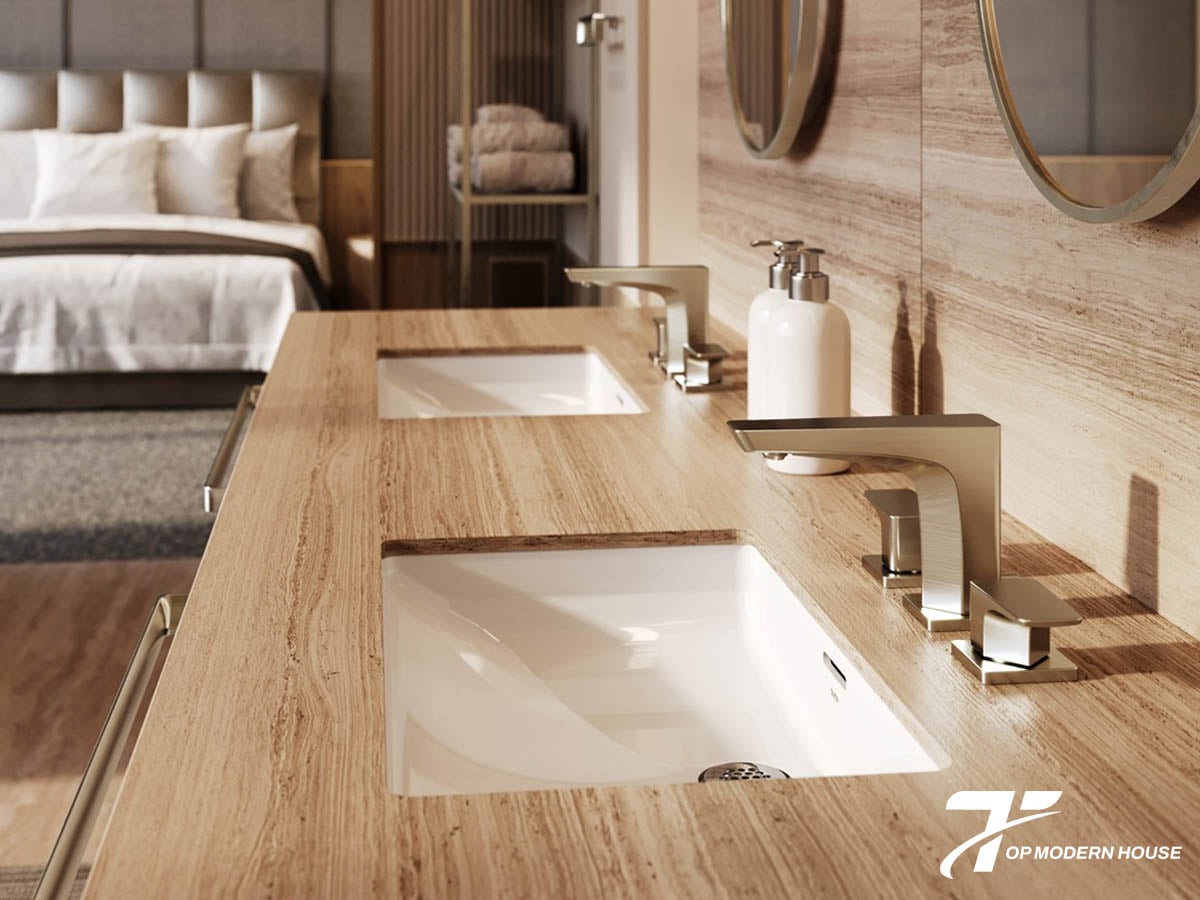 Lavabo âm bàn kèm vòi 2 tay gạt hiện đại, tiện nghi và tinh tế.