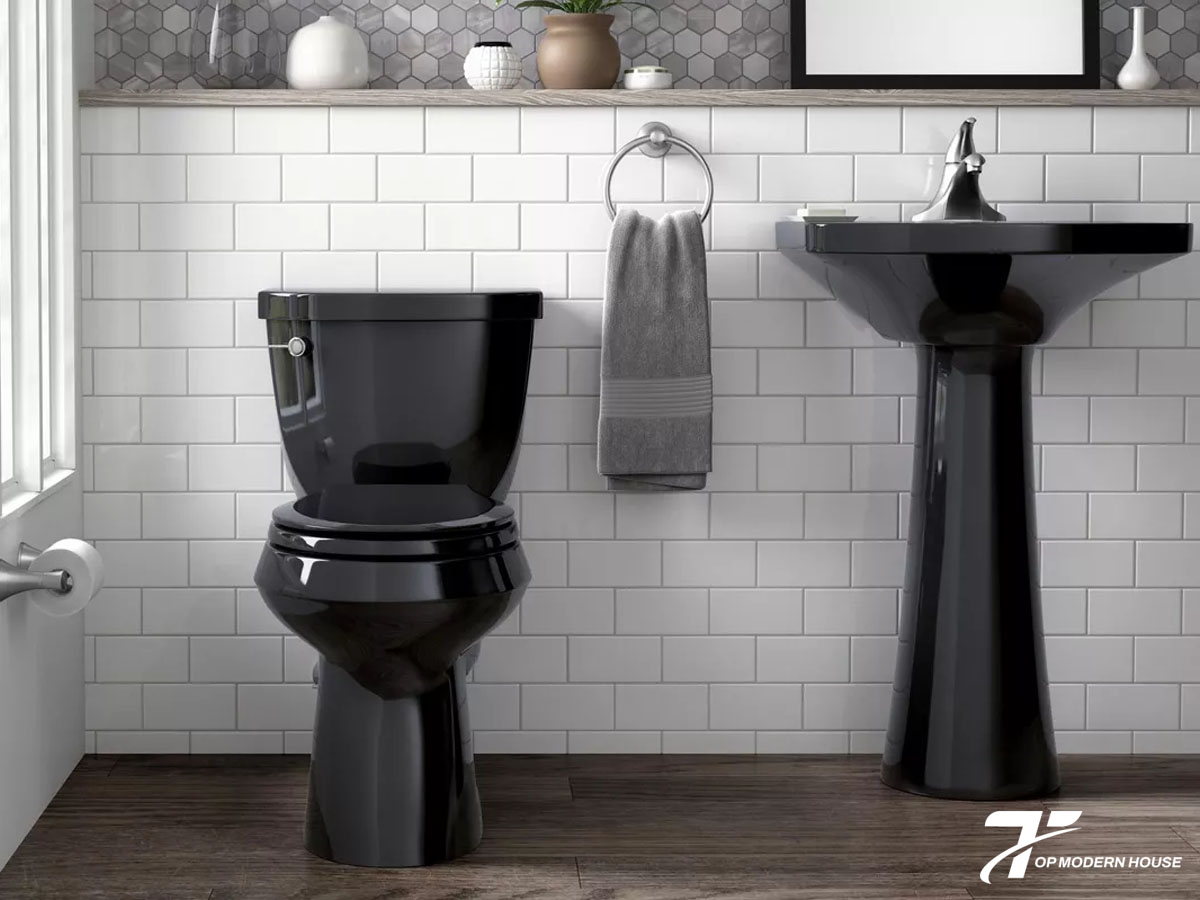 Bồn cầu màu đen 2 khối có thiết kế tinh gọn, dễ lắp đặt và phù hợp nhiều không gian phòng tắm.