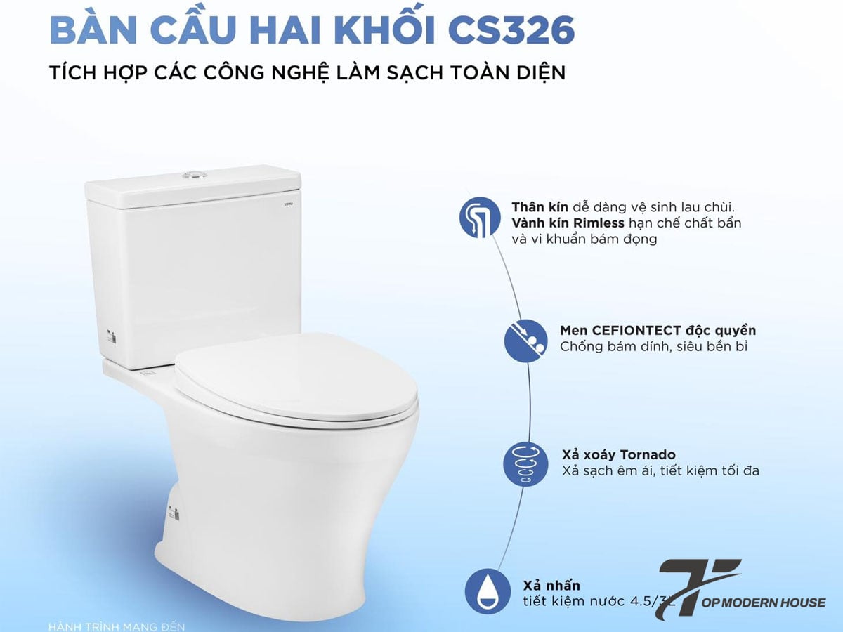 Bồn cầu TOTO 2 khối CS326DT10 thiết kế vành kín Rimless, xả xoáy Tornado mạnh mẽ, tiết kiệm nước (4.5L/3L) và lớp men CeFiONtect chống bám bẩn, dễ vệ sinh.
